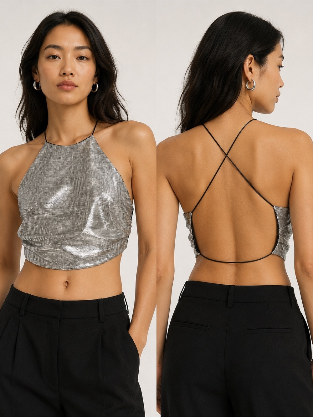 Zara Silver Metallic Halter Crop Top Open Back Crisscross Y2K Party S